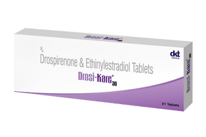 Pack of Drosi-Kare 30 contraceptive pills by DKT India, Drospirenone and Ethinylestradiol tablets, 21 tablets pack.